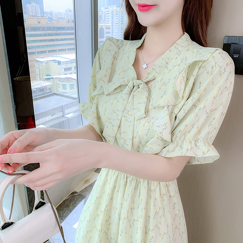 休閒清新溫韓版柔連衣裙夏季新款法式碎花荷葉邊短袖收腰茶歇裙