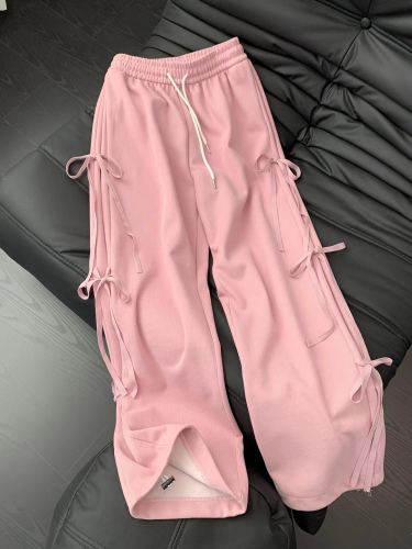 Pink bow tie leisure sports women's spring new mini straight leg wide leg pants