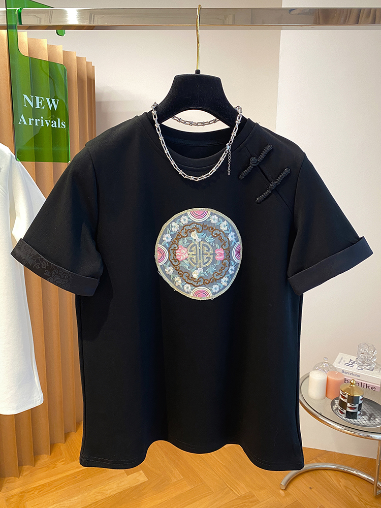 200克純棉特大碼300斤包領重工刺繡盤扣中國風短袖t恤