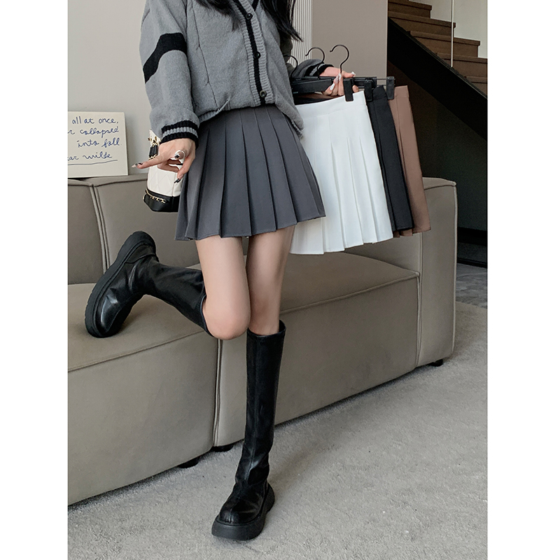 實拍！2024百褶裙女a字半身裙高腰顯瘦黑灰色短裙西裝裙子女