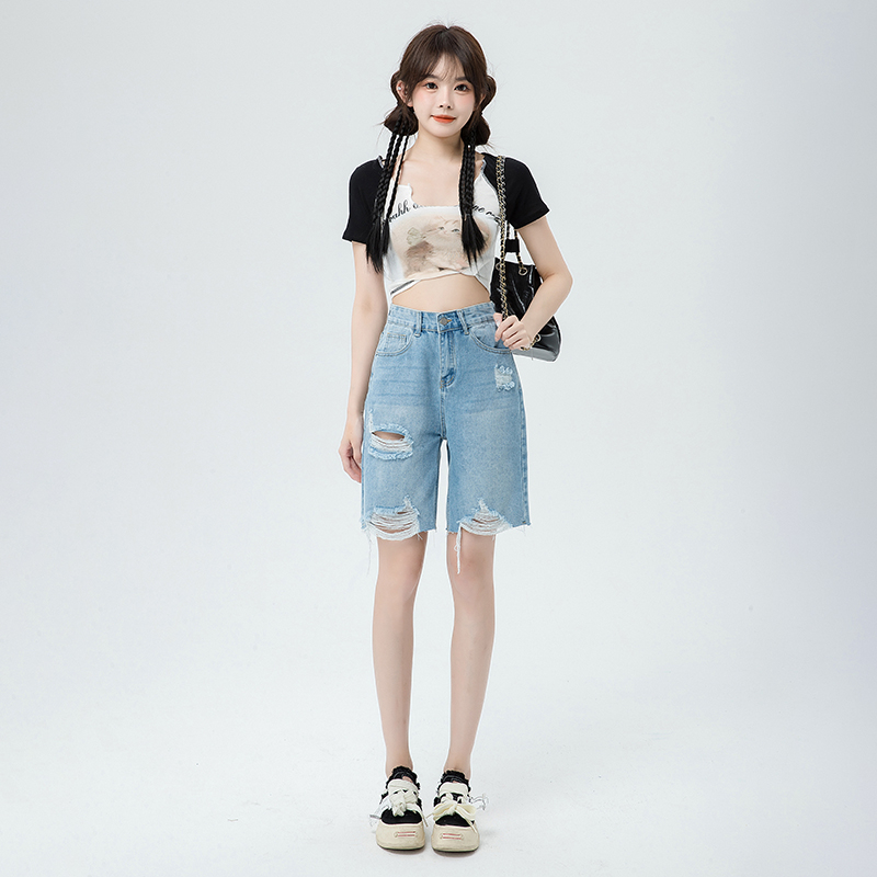 實拍2024夏季新款五分牛仔短褲女高腰寬鬆港味破洞直筒褲