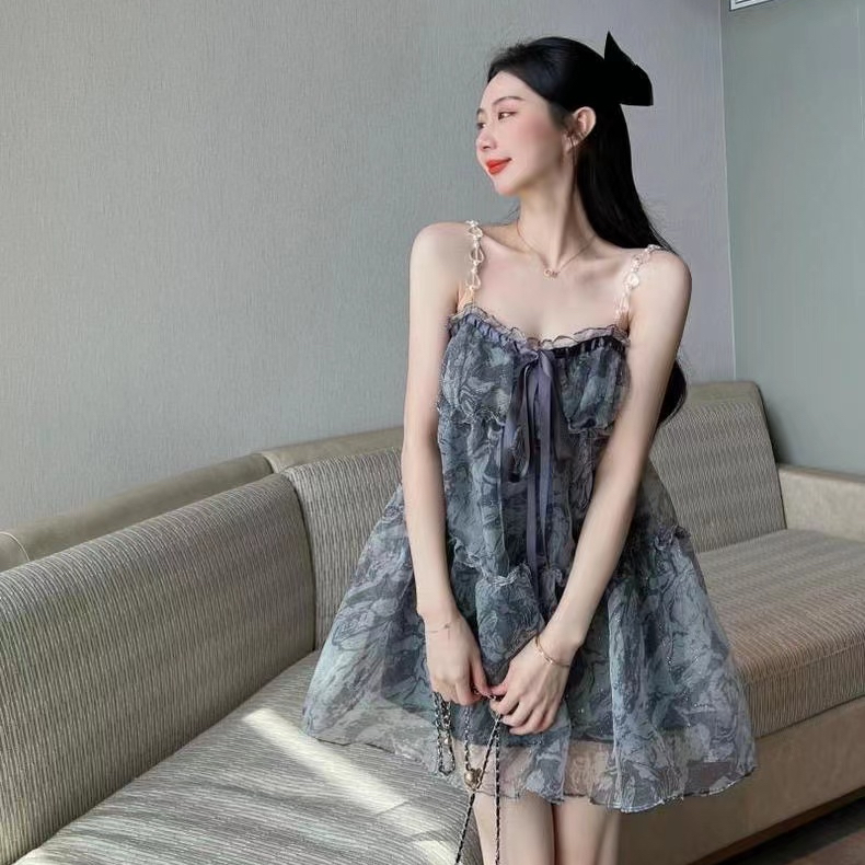 原版質量 巨美生日裙子小禮服夏季2024吊帶碎花高腰連衣裙潮