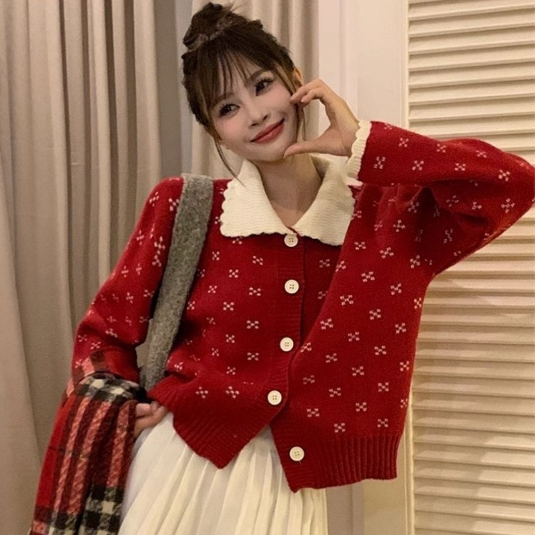 甜美花邊領印花長袖毛衣女冬小個子聖誕短款寬鬆上衣針織開衫外套