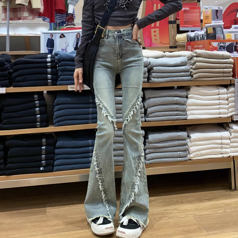 毛邊微喇牛仔褲女春季新款美式復古高腰顯瘦彈力百搭喇叭馬蹄褲子