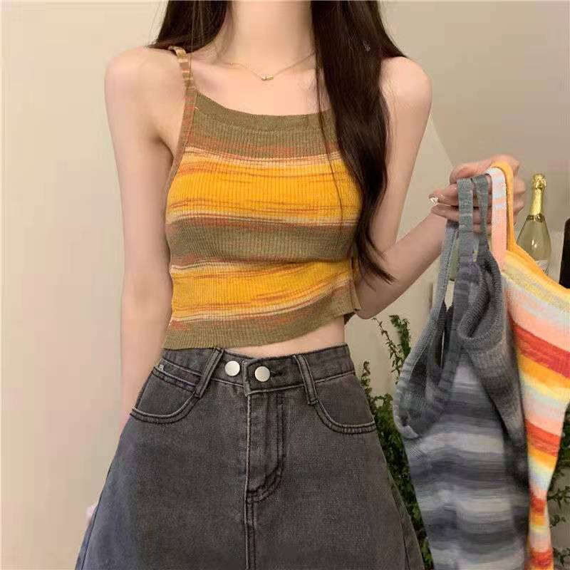 Hot Girl Striped Knitted Camisole Women's Summer Outerwear Pure Sexy Off-the-Shoulder Retro Tight Slim Short Top