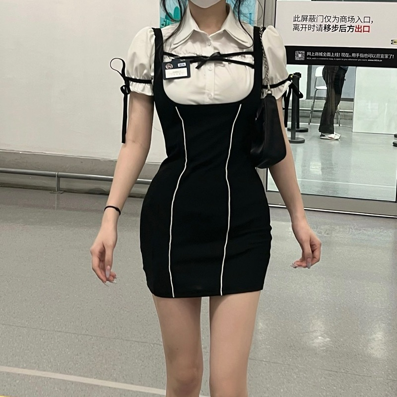 韓國夏季甜辣黑色假兩件配胸牌連衣裙女新款氣質性感緊身包臀裙子