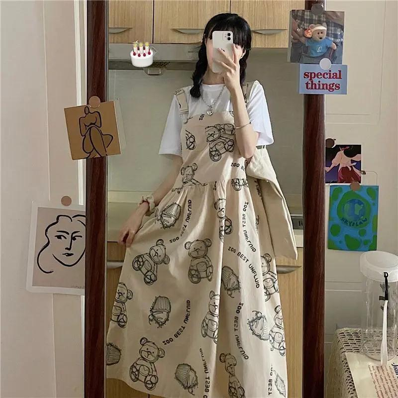 2024夏裝學院風小熊背帶連衣裙女學生中長款寬鬆吊帶裙工裝A字裙