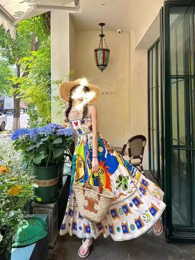 民族風印花吊帶連衣裙女2024夏季新款韓系慵懶風簡約寬鬆百搭長裙