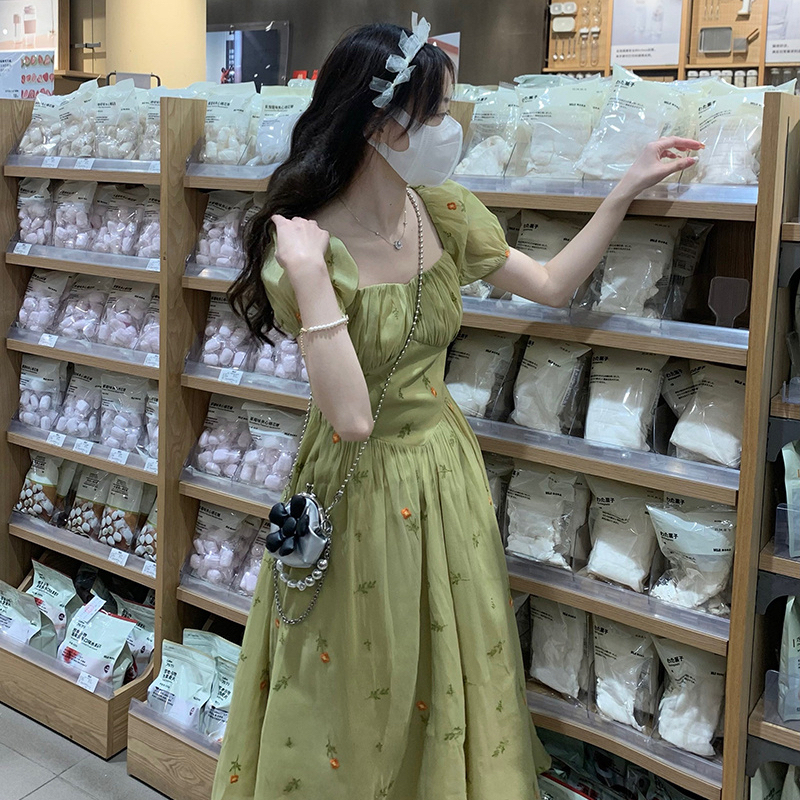 原版做法+里布 法式復古綠色印花裙夏收腰顯瘦顯白連衣裙子