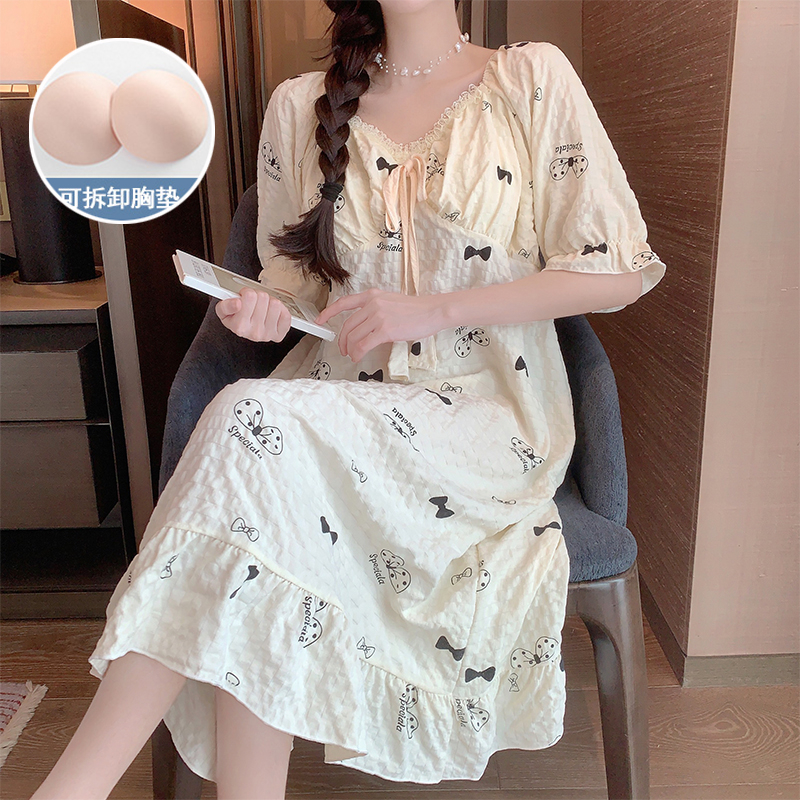 2024夏季韓版新款短袖帶胸墊睡裙女梭織提花雲朵棉少女家居服長裙