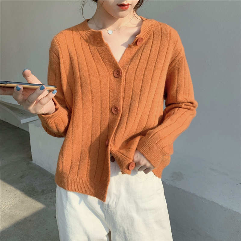 韓版秋冬新款復古風毛衣寬鬆長坑條開衫外套上衣女短款小個子純色