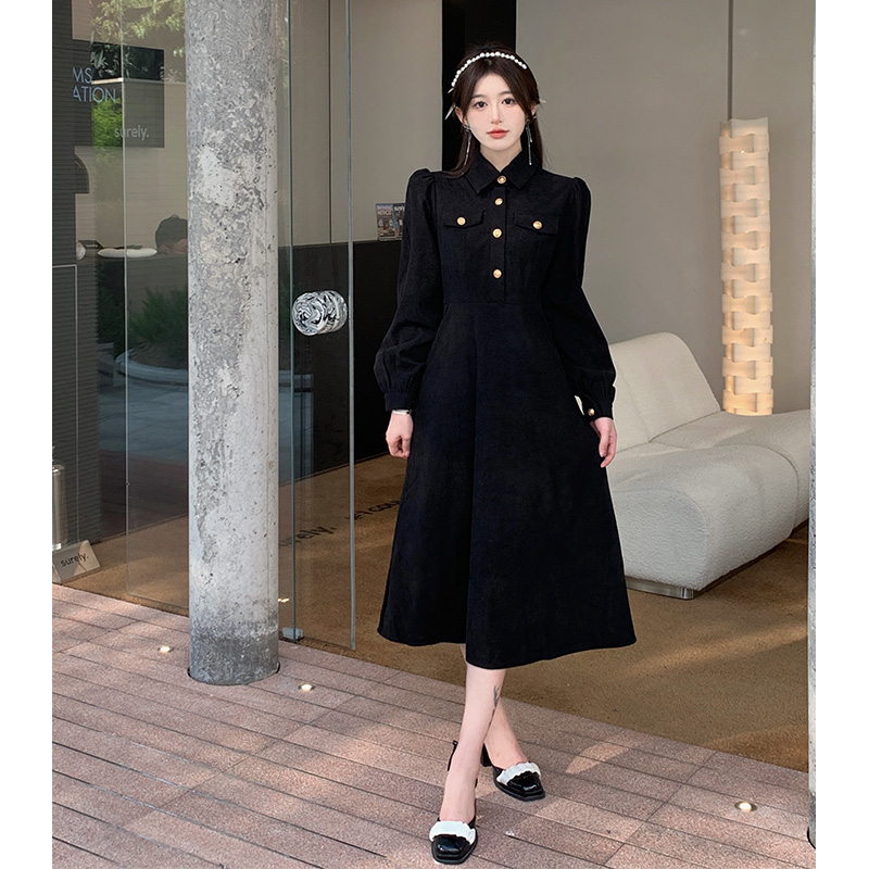 春季大碼女裝赫本風茶歇法式燈芯絨長袖連衣裙女