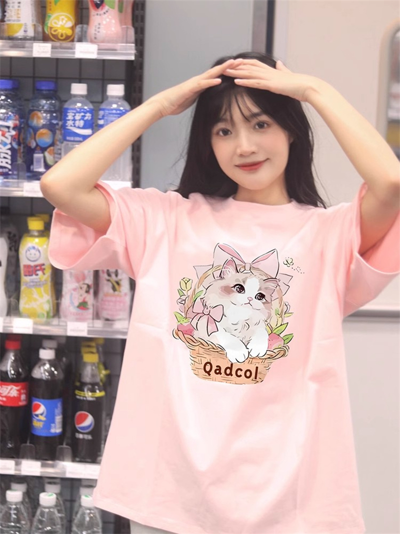 少女風可愛卡通貓咪印花短袖T恤