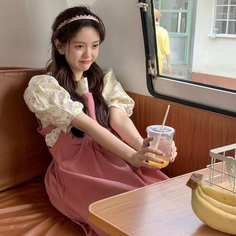 可愛日系甜美粉色背帶連衣裙少女小個子夏季法式桔梗初戀小眾設計