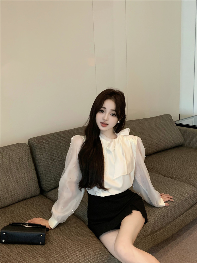 實拍~法式氛圍感蝴蝶結長袖襯衫女設計感小眾通勤寬鬆上衣