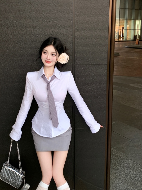 實拍    時尚短款襯衫外穿上衣女+高腰包臀半身裙套裝兩件套