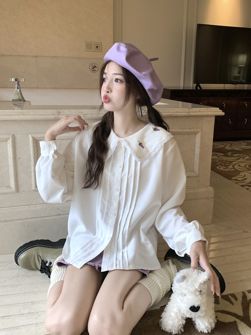 實拍 甜美百搭刺繡減齡娃娃領襯衫女新款小眾別致寬鬆襯衣上衣