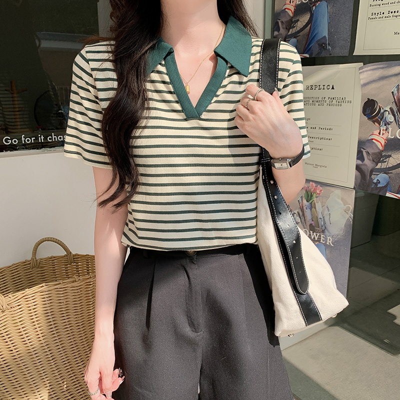 #實拍後包領純棉T恤女短袖polo領上衣短款條紋正肩夏小個子