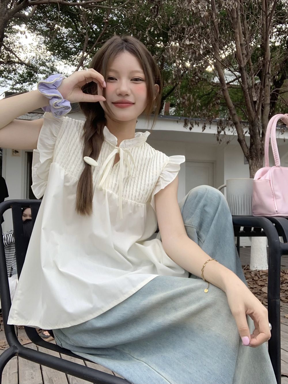 實拍三標齊小個子飛袖系帶設計感立領襯衣女