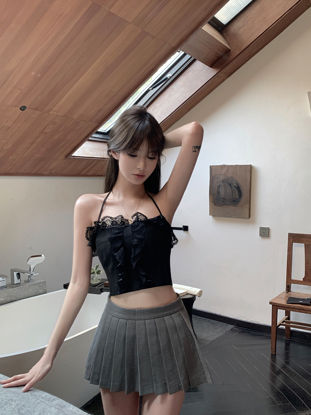 清純少女蕾絲邊性感掛脖百搭氣質顯瘦小吊帶短款背心上衣