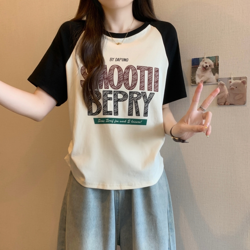 實拍  40支純棉 2024夏裝印花不規則短款插肩袖短袖t恤女
