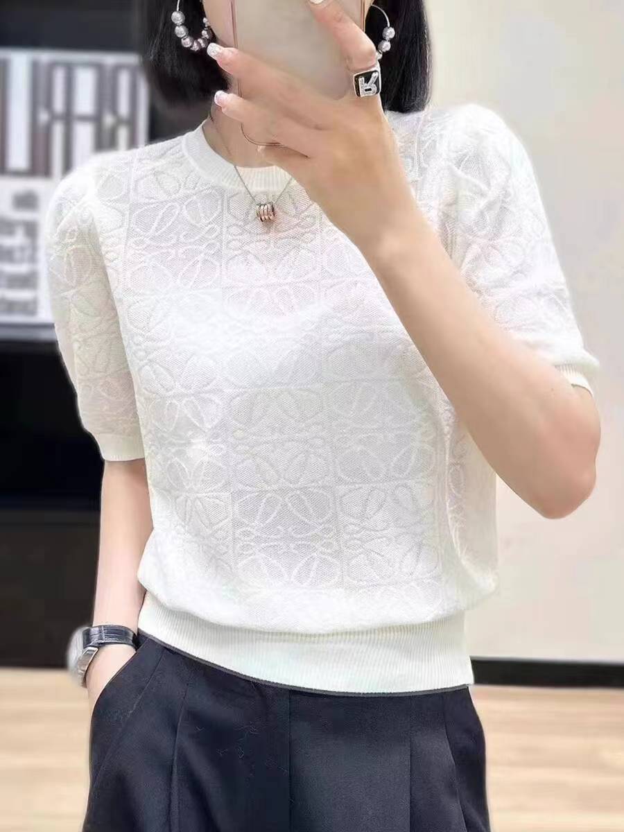 正肩短袖t恤女2024新款夏季減齡提花圓領冰絲針織衫短款上衣薄款