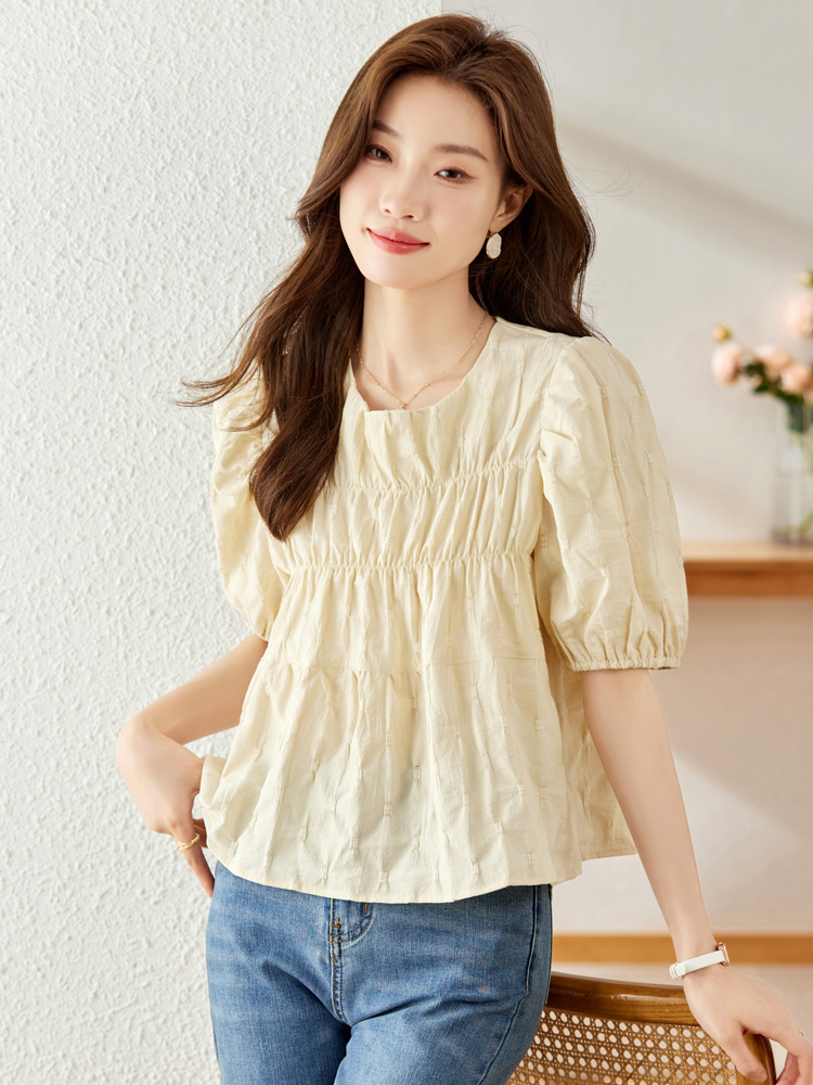 Square neck puff sleeve pleated shirt for women 2024 summer new small tops high-end slimming shirt