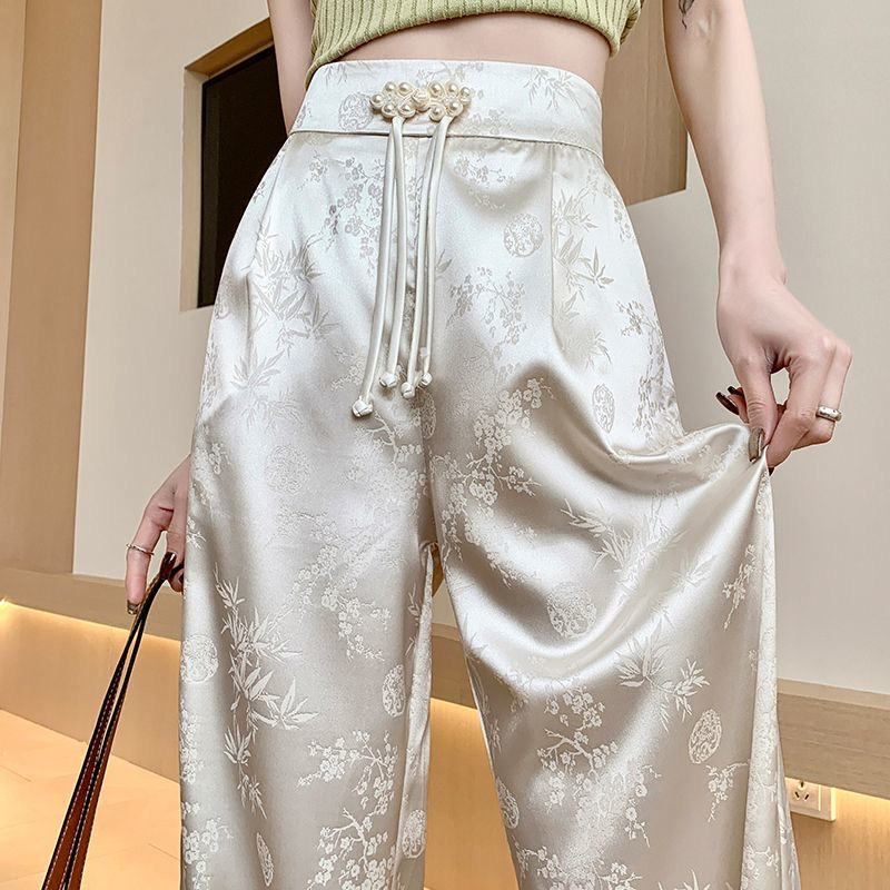 New Chinese-style Chinese-style buckle satin jacquard wide-leg pants for women spring and summer new high-waist slim drape casual floor-length pants