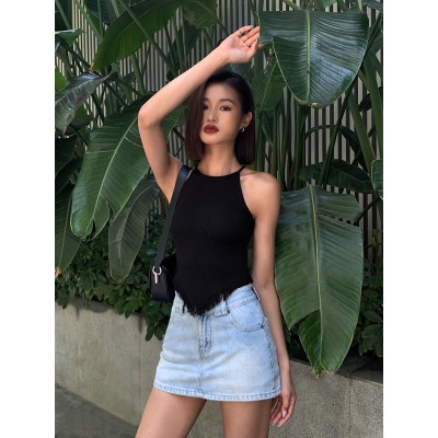 ousph 針織無袖小吊帶背心女夏季設計感小眾掛脖流蘇上衣外穿