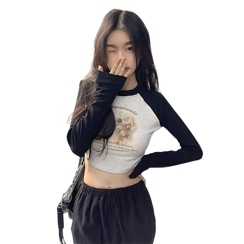 6535拉架棉 修身短款長袖T恤女美式復古辣妹拼色內搭