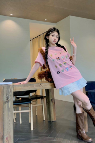 Real shot~Pink dog print loose T-shirt