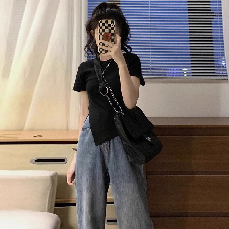 -92棉/8氨綸40支210g純棉 短袖T恤女夏季開叉