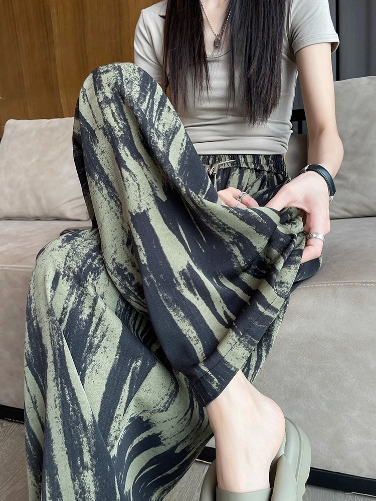 冰絲扎染闊腿褲女夏季薄款高腰垂感慵懶風直筒寬鬆顯瘦休閒拖地褲