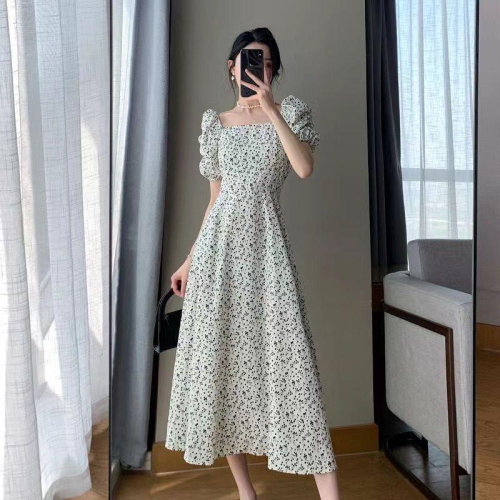 Floral Dress Women's 2024 Summer New Style Square Neck Puff Sleeve Korean Style Long Slit British Style Women's Dress