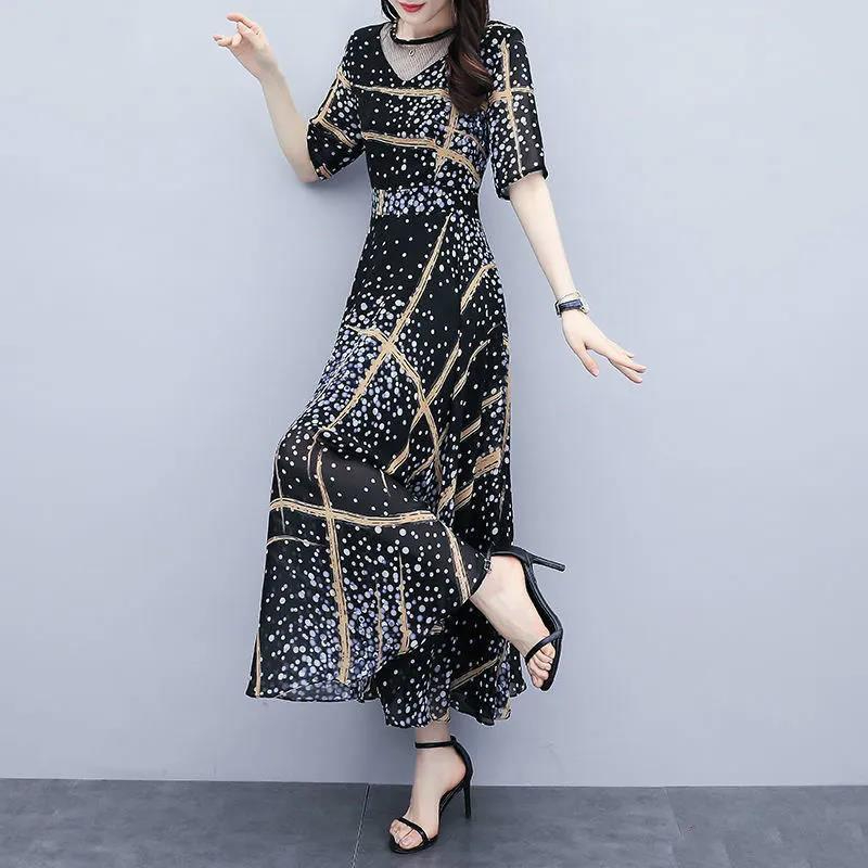 韓版連衣裙長款夏季女裝2024新款氣質洋氣印花高腰顯瘦大碼裙子女