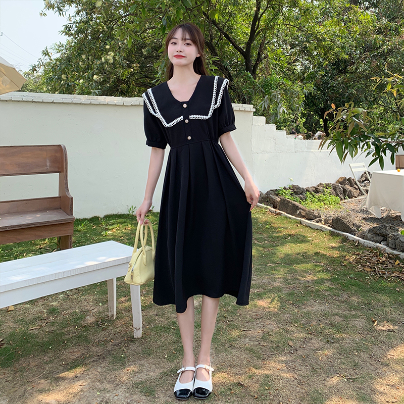 夏季短袖法式復古翻領花邊赫本風收腰顯瘦連衣裙女