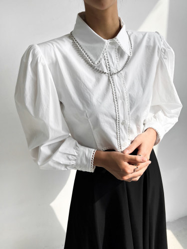 韩国chic春日气质花边泡泡袖衬衫女长袖短款白色衬衣 带垫肩