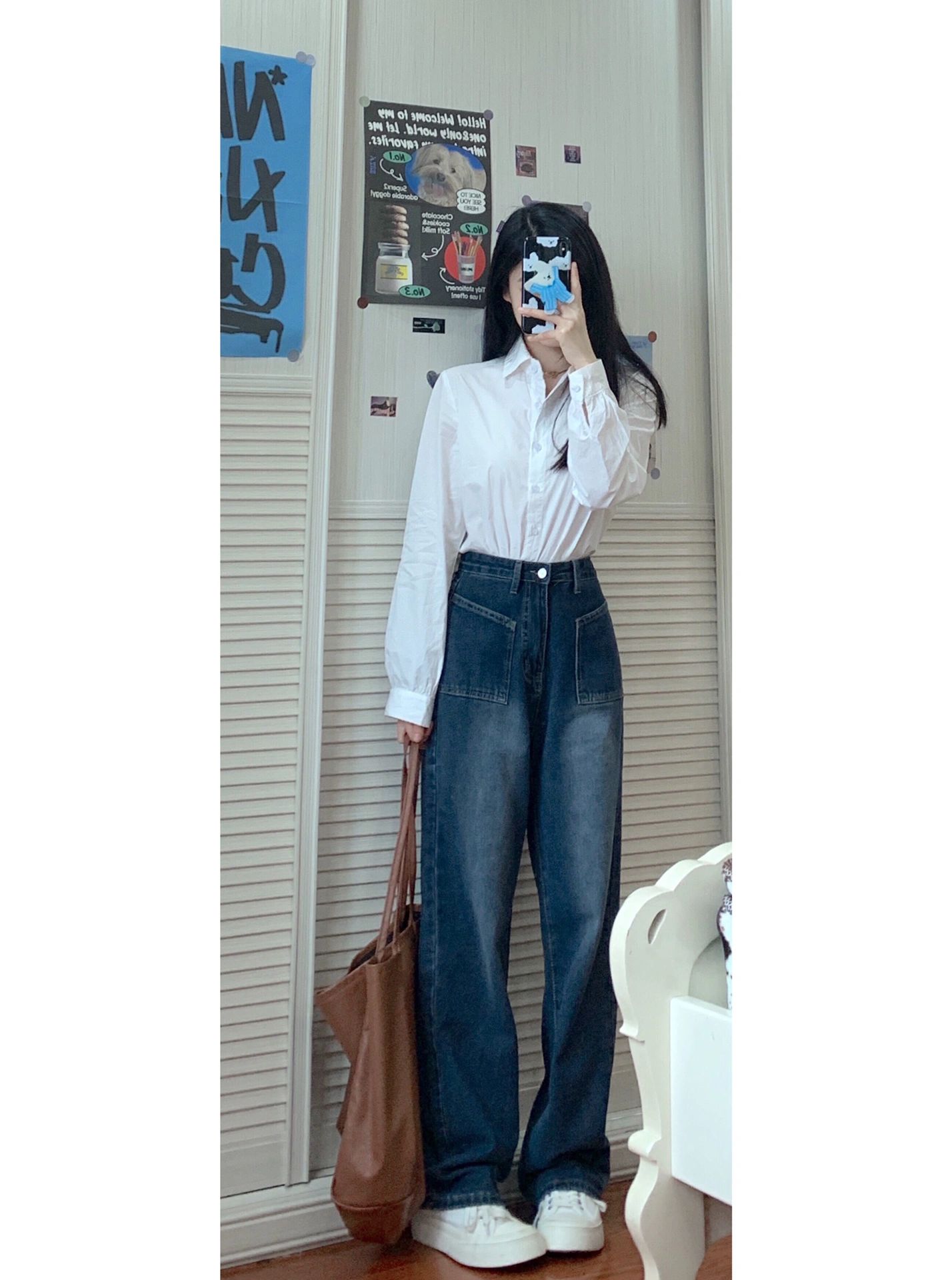 優質 高腰牛仔褲女直筒垂墜感闊腿褲大口袋小眾顯瘦拖地長褲