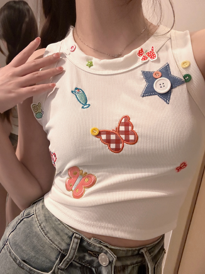 夏日多巴胺穿搭蝴蝶刺繡吊帶背心女修身顯瘦甜酷辣妹無袖短款上衣