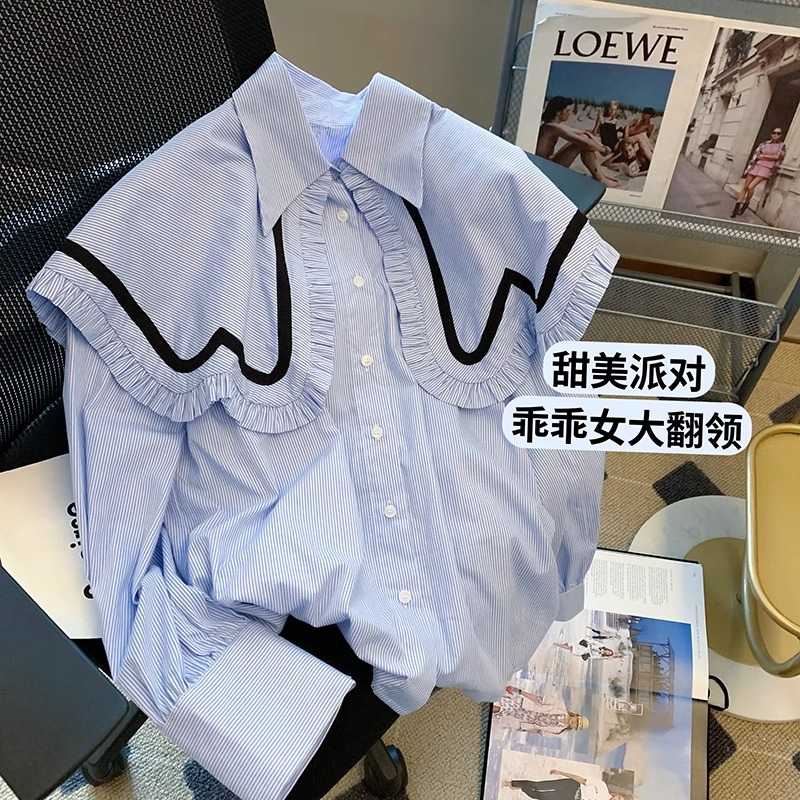 藍色條紋娃娃領襯衫女2024早春新款設計感小眾復古泡泡袖寬鬆上衣