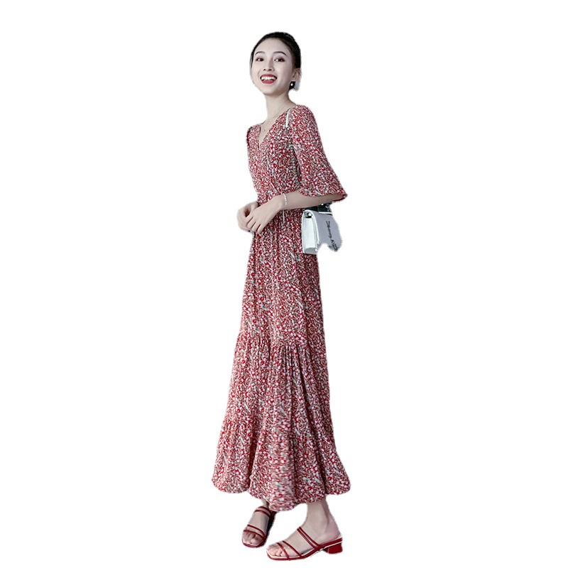 雪紡連衣裙女夏2024新款法式半袖裙子收腰顯瘦姐妹長款碎花長裙潮