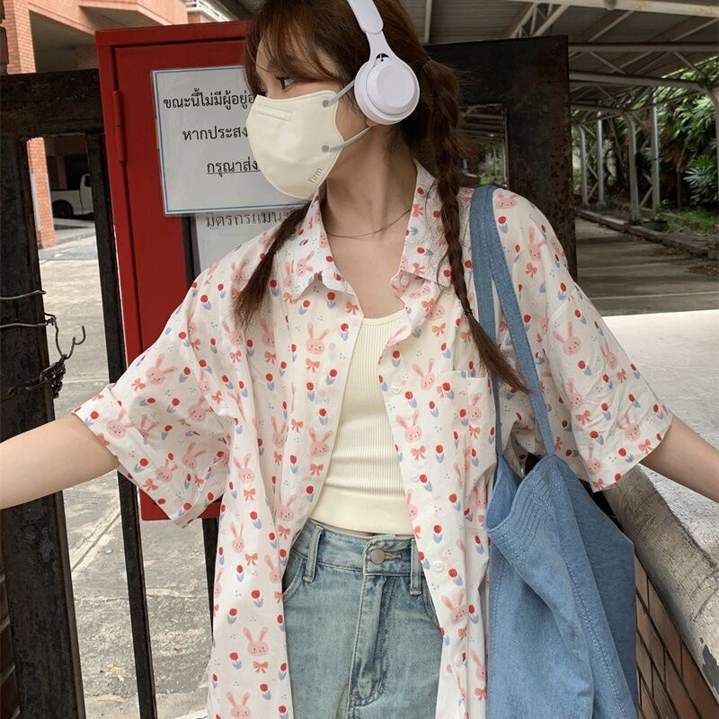 鹵鹵lulu兔子印花防曬寬鬆短袖襯衫女夏季設計感別致小眾開衫上衣