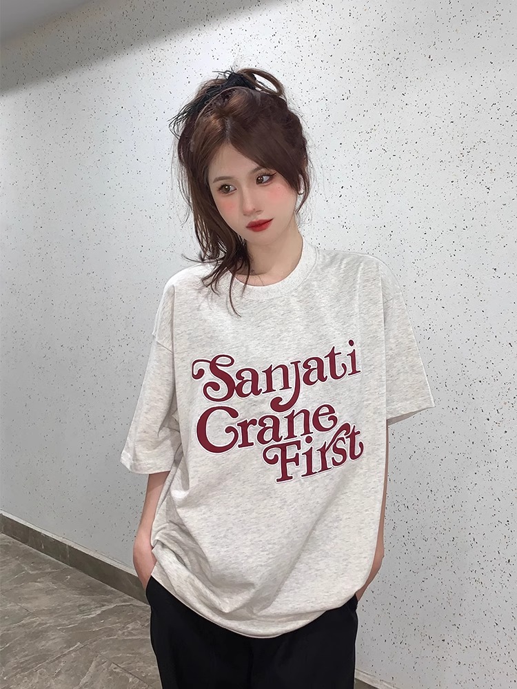 Sanjati crane基礎logo多色美式寬鬆休閒短袖國潮男女情侶同款T恤
