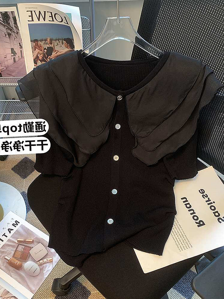 夏季新款韓版氣質大荷葉領拼接短袖開衫上衣女