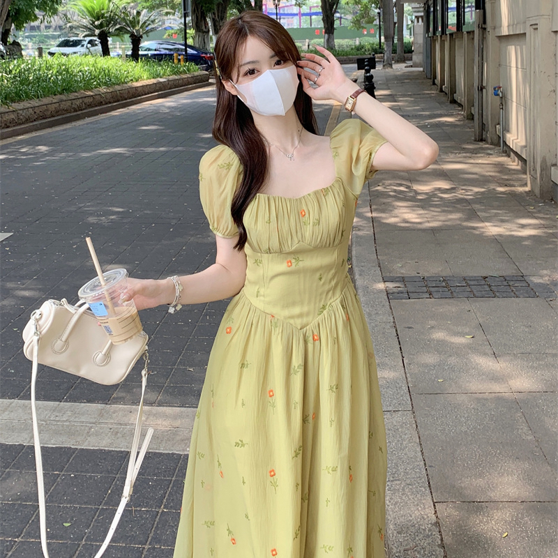 原版做法+里布小清新一字領泡泡袖綠色印花連衣裙氣質長裙