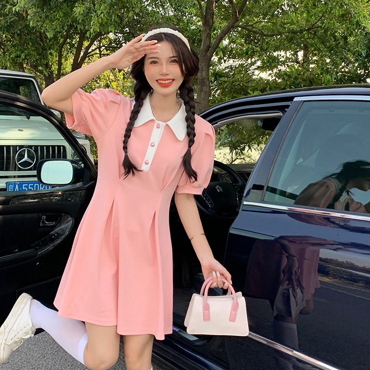 polo領拼色設計感短袖連衣裙女夏季新款小眾收腰顯瘦A字裙