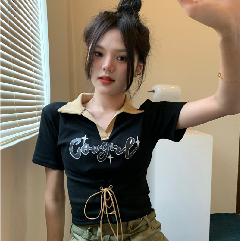 正肩短袖T恤女夏季新款設計感小眾polo衫短款甜辣妹上衣