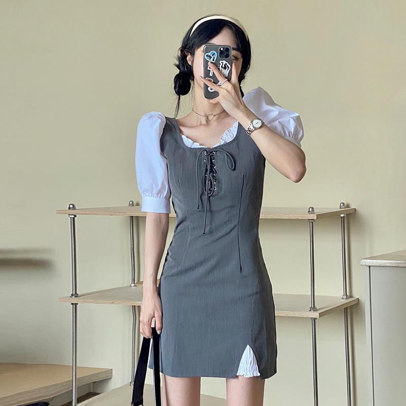 假兩件連衣裙女夏季2024新款小眾法式泡泡袖綁帶修身顯瘦短袖裙子
