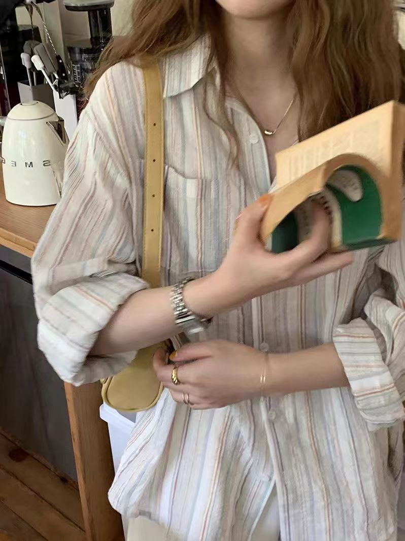 2024春季新款薄款棉麻條紋襯衫女設計感小眾氣質襯衣休閒長袖上衣