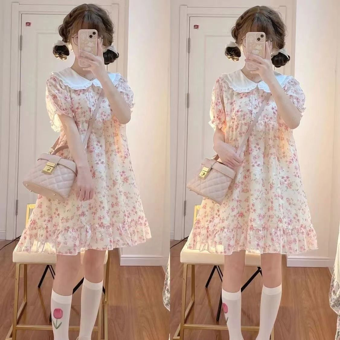 夏季學院風可愛甜美碎花仙女裙子娃娃領連衣裙